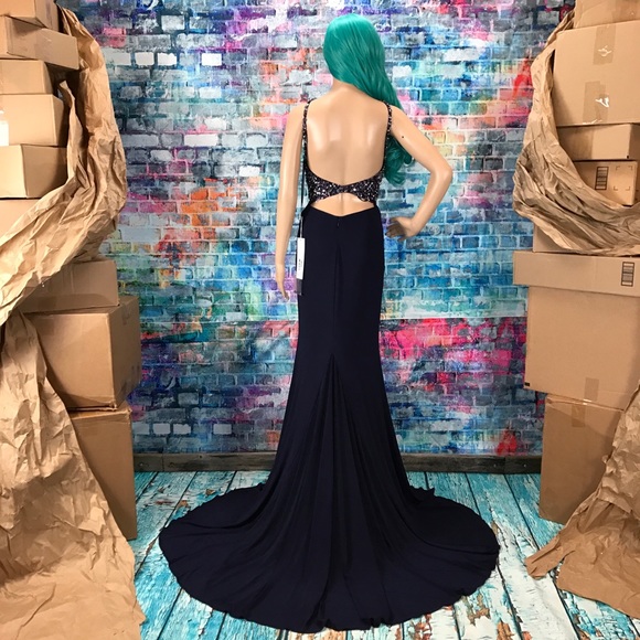 JOVANI Navy Beaded High Slit Halter Gown! #JP48849 - Picture 5 of 8